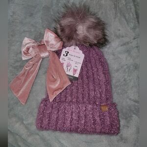 Purple Knit Beanie with Faux Fur Pom and Pink Bow